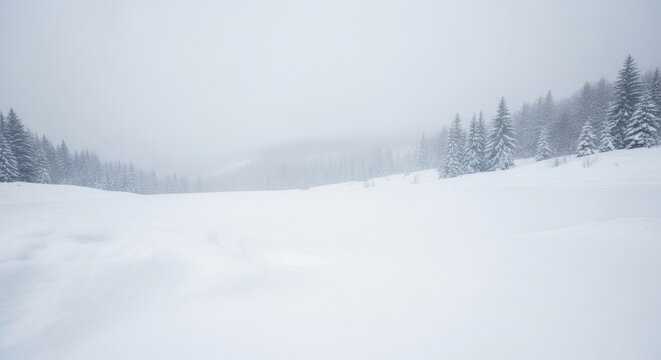 Snow-covered landscape with pine trees in the distance, under a cloudy sky.