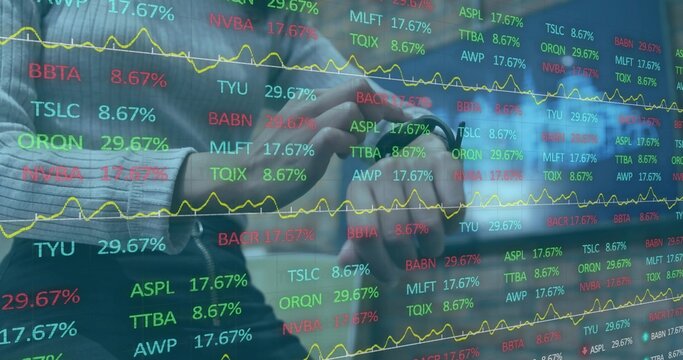 Standing analyst in jacket clasping hands, viewing clear ticker display in office with wristwatch - Powered by Adobe