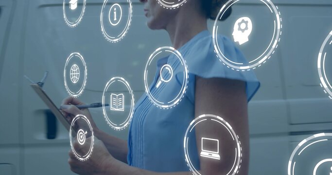 Holding woman in blue blouse with ruffled sleeves checking clipboard and pen by white van, icons