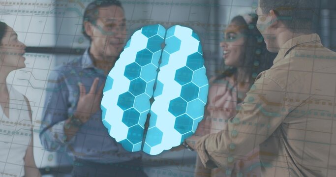 Talking team wearing blazers brainstorming in office near glass partition, with brain grid overlay