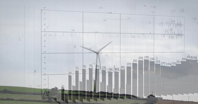 Standing 3-blade wind turbine in rolling fields hedges showing bar chart grid labels two figures
