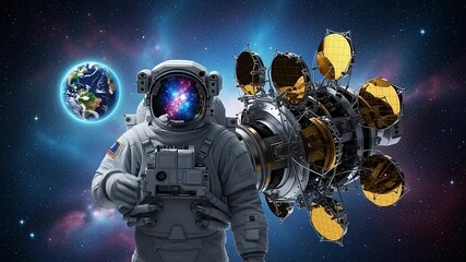 Astronaut and sophisticated space telescope journey through the cosmos, symbolizing humanity's profound quest for discovery and the future of scientific exploration