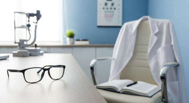 A doctor's office with a desk, chair, and medical equipment in the background.