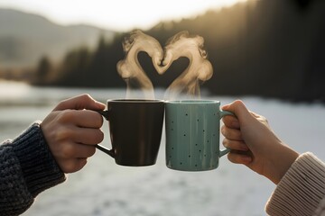 Two Hands Holding Mugs of Hot Beverages Creating a Heart Shape with Steam During a Winter Landscape Scene
