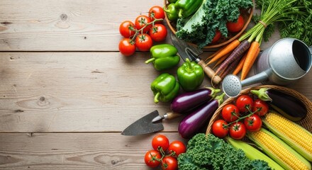 A variety of fresh vegetables and fruits on a rustic wooden table.