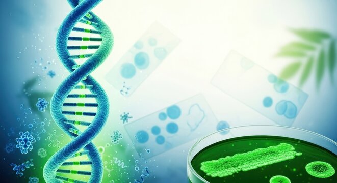 DNA helix and bacteria in a petri dish with green liquid. - Powered by Adobe