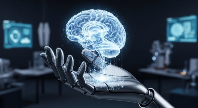 A robotic hand holding a transparent brain with a glowing, futuristic design.