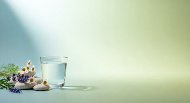 A glass of water with chamomile flowers and rocks on a green background. - Powered by Adobe