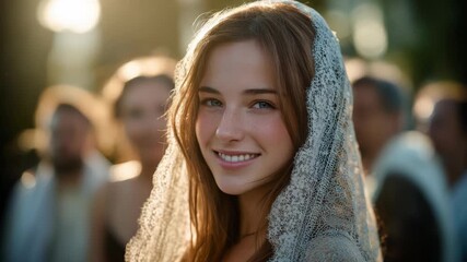 Young woman with lace veil smiling serenely in soft sunlight portrait - Powered by Adobe