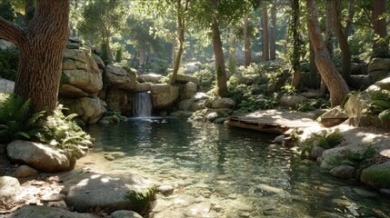 Tranquil waterfall flowing into serene pond enchanted forest nature photography peaceful setting natural beauty