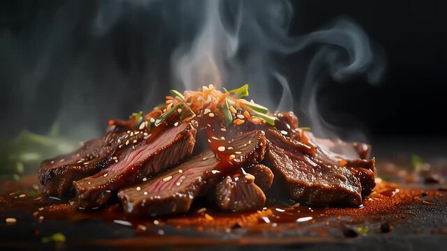 Gourmet slices of steaming hot grilled beef steak with savory sauce
