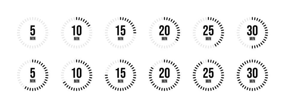 Set of stopwatch timer icon illustration. Stopwatch Timer Icon Set 5, 10, 15, 20, 25, 30, 35, 40, 45, 50, 55, 60 minutes for Web App, Workout, and Time Management