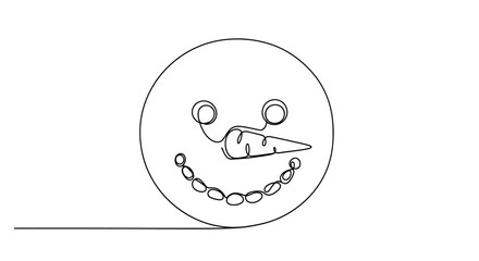 Single line drawing of cheerful snowman face with carrot nose and button smile illustration