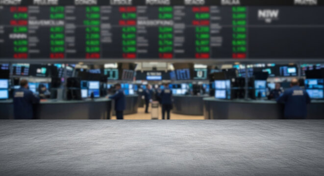 Stock market trading floor with traders and monitors.