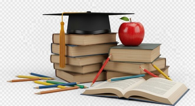 A graduation cap and apple on a stack of books with colored pencils. - Powered by Adobe