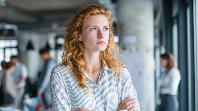 Pensive contemplation: A thoughtful woman gazes out of a window, arms crossed, lost in a reverie of deep introspection. A candid expression that speaks to inner thoughts and feelings.