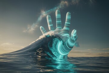 Majestic Elemental Force Emerges From Ocean Wave Forming A Giant Glowing Hand Reaching Towards The Sky Under A Beautiful Sunset Sky