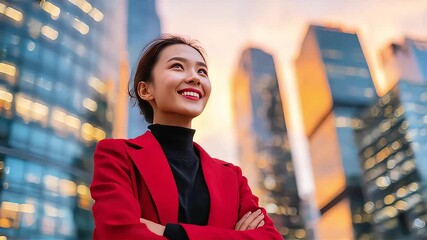 The businesswoman smiled confidently as she entered the conference room, her bright expression radiating positivity and determination.