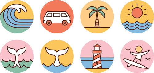 Fototapeta premium Minimal beach and surf icon set in circles Collection of eight round vector icons with minimalist beach themes including waves, van, palm tree, sun, lighthouse, whale, and surfer. 