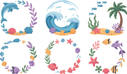 Naklejka premium Set of six colorful underwater and beach-themed vector frames featuring dolphins, fish, waves, corals, and tropical elements. Cute ocean and sea life frame illustrations 