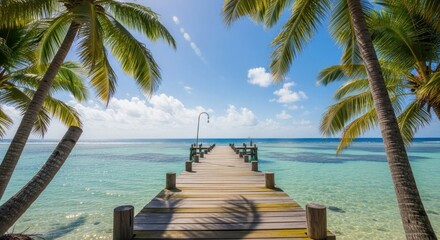 A wooden pier extending into the ocean with palm trees on either side.