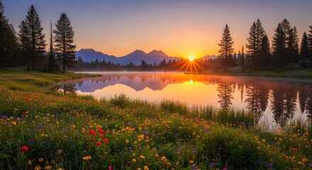 A serene mountain lake at sunset with vibrant wildflowers and a clear sky.