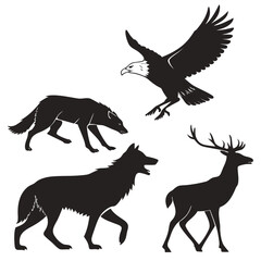 Dynamic silhouettes of majestic wildlife featuring an eagle in flight two wolves in action and a graceful deer with antlers on a white background