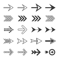 A collection of diverse arrow icons in various styles including solid filled outlined chevron and dotted designs pointing to the right on a white background