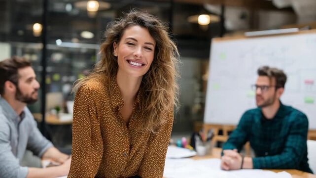 Empowered Leadership: A confident woman in a business setting radiates poise, supported by her team, embodying ambition and innovative thinking. 