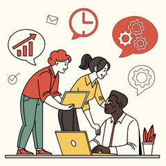 Diverse team collaborating on a project using a laptop and documents with icons representing growth time and teamwork symbolizing successful business operations