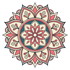 Intricate circular mandala design with symmetrical floral patterns in cream pink and teal colors perfect for spiritual and decorative purposes