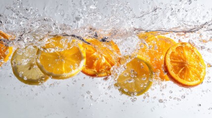Sliced citrus splashing into sparkling water with frozen ripples on white background for fresh beverage concept layout design editorial use


