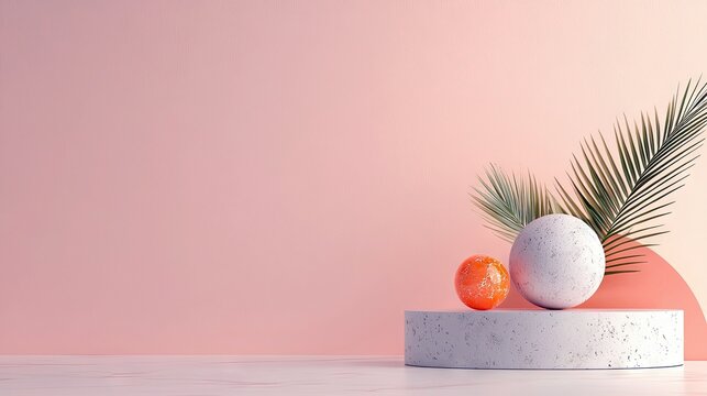 A minimalist composition featuring two spheres, one orange and textured, the other white and speckled, placed on a concrete pedestal. Two palm leaves arch over - Powered by Adobe