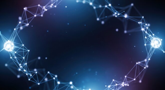 A glowing, abstract geometric pattern with a blue and purple gradient background, featuring a central, circular structure with a network of interconnected lines and dots.