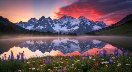 A stunning mountain landscape with a lake and vibrant sunset colors.