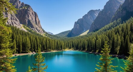 A serene mountain lake with turquoise water surrounded by lush green trees and rocky cliffs.
