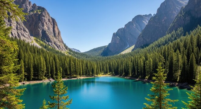 A serene mountain lake with turquoise water surrounded by lush green trees and rocky cliffs. - Powered by Adobe