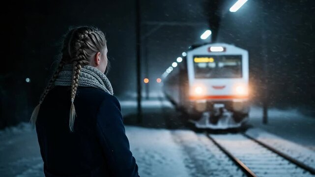 Woman Facing Train at Night Station