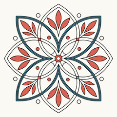 A symmetrical floral mandala design featuring coral colored petals and teal blue accents on a cream background creating an elegant decorative element