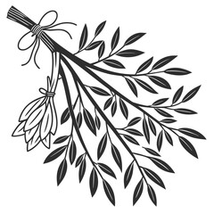 A stylized black and white illustration of a bunch of olive branches tied together with a bow and twine featuring detailed leaves and buds on a clean white background