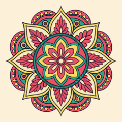 Intricate circular mandala design with vibrant pink yellow and teal colors on a cream background symbolizing harmony and spirituality