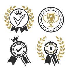 Set of four elegant award badges and emblems featuring golden laurel wreaths crowns checkmarks stars and trophies symbolizing achievement quality and recognition