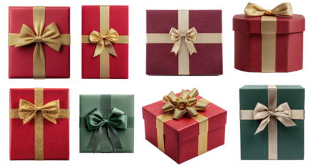 A collection of gift boxes with ribbons and bows in red, green, and gold colors.