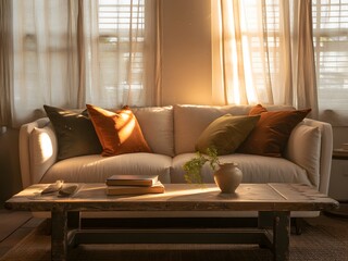 Cozy Living Room with Comfortable Sofa and Warm Sunlight Streaming Through the Windows Creating a Relaxing Ambiance