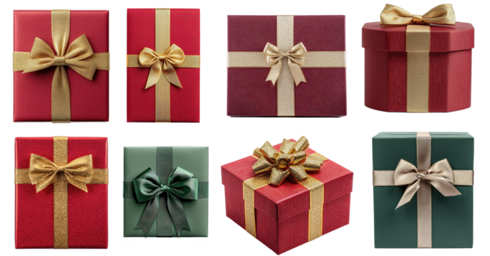 A collection of gift boxes with ribbons and bows in red, green, and gold colors.