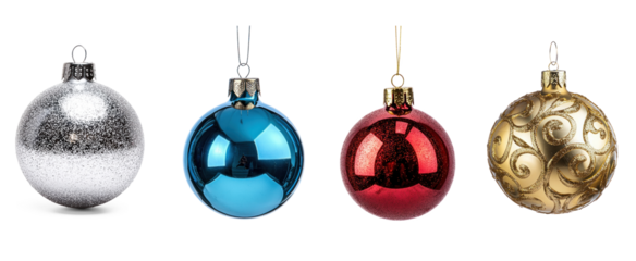 Four colorful Christmas ornaments hanging on a white background.