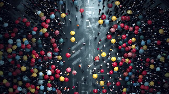 Aerial View of Crowded Street with Colorful Balloons.