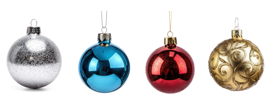 Four colorful Christmas ornaments hanging on a white background.