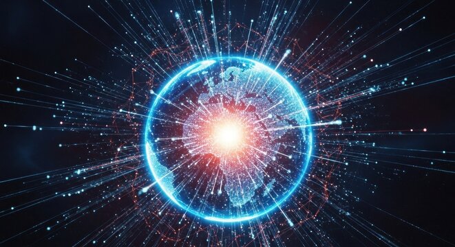 A glowing, futuristic globe with a sun at its center, surrounded by a network of interconnected lines and dots, against a dark background. - Powered by Adobe