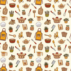 Cozy Kitchen Essentials on Light Beige Seamless Pattern Design